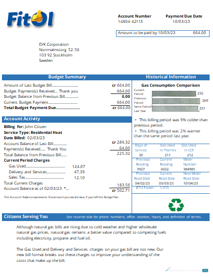 Download Fitol gas utility business bill, SCR Photoshop template